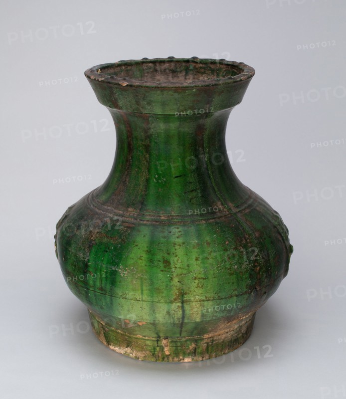 Globular Jar with Mock Ogre Mask Ring Handles, Han dynasty (206 B.C.-A.D. 220).