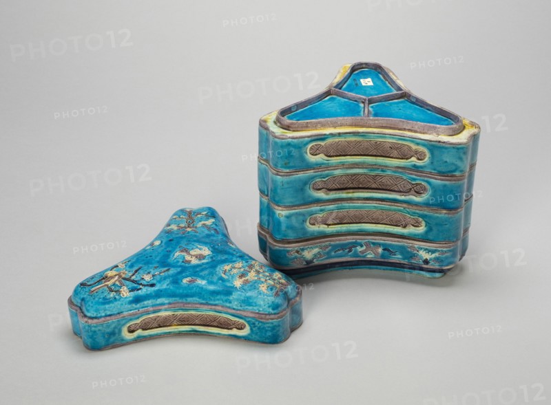 Triangular Five-Tiered Box with Bamboo, Plum Blossom, and Pine Trees, Ming dynasty (1368-1644), 16th century.