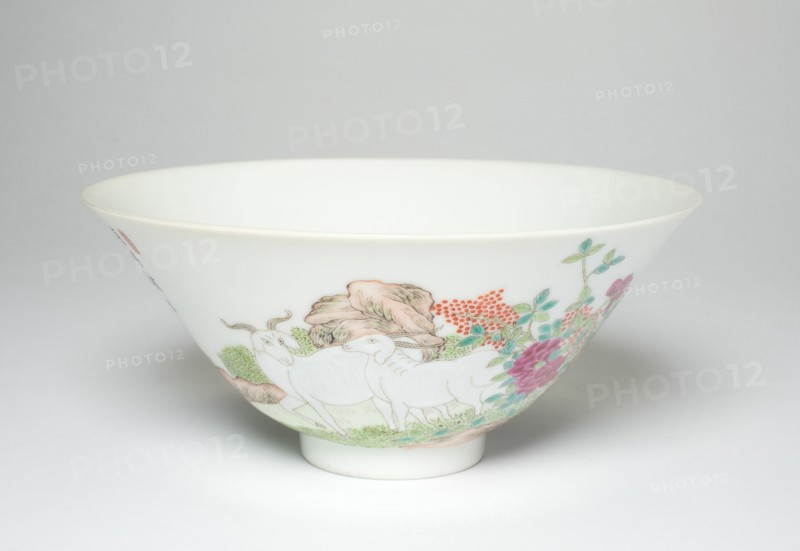 Bowl with Goats among Flowering Peonies, Pomegrenates, and Cherry Blossoms, Qing dynasty (1644-1911), Daoguang reign mark and period (1821-1850).