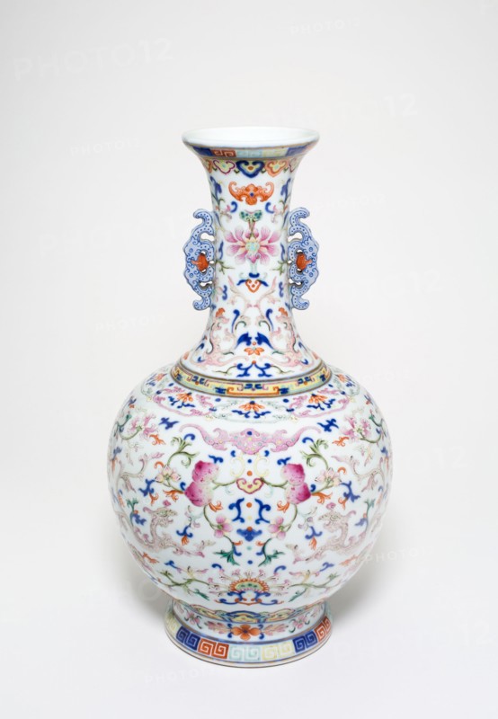 One of a pair of famille-rose 'lotus' bottle vases, Qing dynasty (1644-1911), Qianlong reign mark and period (1736-1795).
