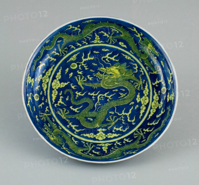 Dish with Dragons amid Clouds, Chasing Flaming Pearls, Qing dynasty (1644-1911), Qianlong reign mark and period (1736-1795).
