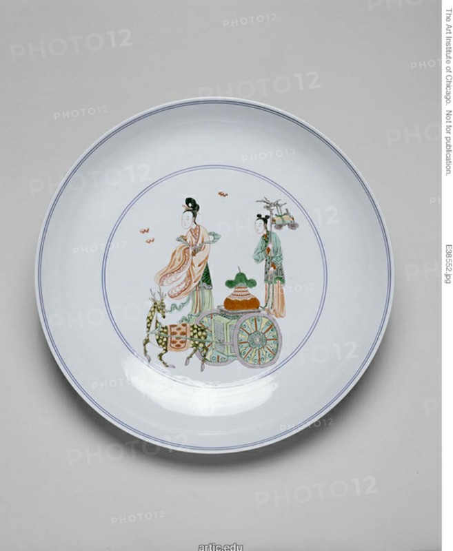 One of a Pair of Dishes with the Daoist Female Immortal Magu and Attendant with Deer Cart, Qing dynasty (1644-1911), Kangxi period (1662-1722).