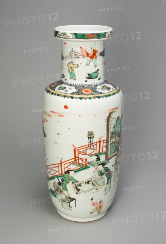 Baluster Vase with Women Performing the "Four Accomplishments" and Children in a Garden, Qing dynasty (1644-1911), Kangxi period (1662-1722).