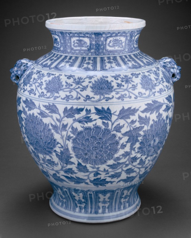 Jar with Lotus and Peony Scrolls and Lion-Mask Handles, Ming dynasty (1368-1644), inscription dated 1437.
