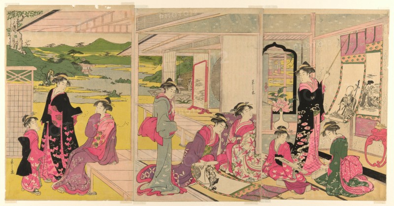 Women Viewing Scroll Paintings of the Gods of Good Fortune, late 18th-early 19th century.