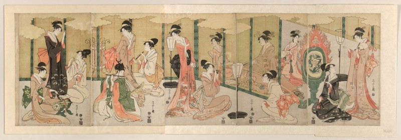 Parody of The Book of Joruri, c. 1789/1801. Musicians playing the drum, flute, sho and koto.