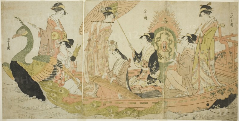 The Peacock Boat, c. 1795/96. Women playing drum, sho, flute, koto and gong.