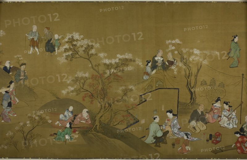 Pleasures of the Seasons, c. 1700. People enjoying a day out among blossoming cherry trees.