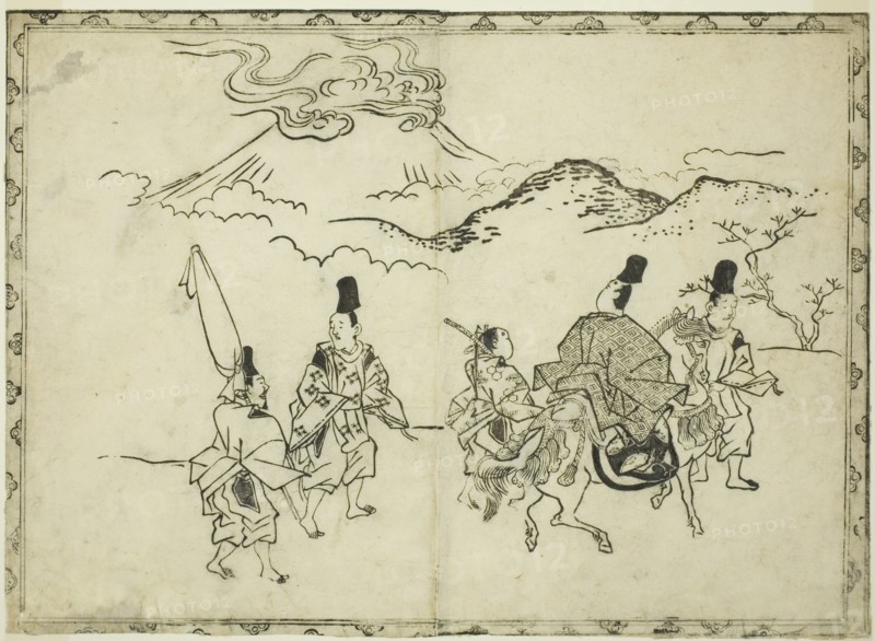 Narihira's Eastern Journey, from the illustrated book "Panorama of Paintings on Screens and Hanging Scrolls (Byobu kakemono ekagami)", 1682.