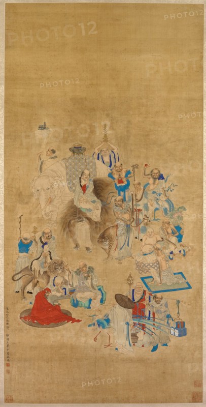 Bathing of the Buddha Festival, Qing dynasty, 1833. Annual celebration held to commemorate the birth of the historical Buddha. One disciple opens his stomach to reveal the Buddha nature within, another magically creates a temple in mid-air. Some merely mend clothes or read sutras. Auspicious animals include a lion, elephant, tiger, dragon, and phoenix.