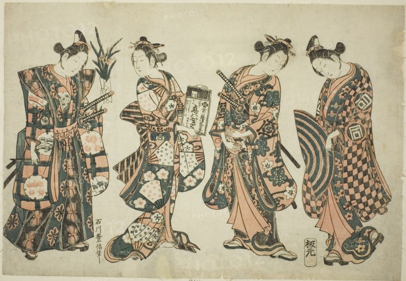 The Actors Sanogawa Ichimatsu (right), Nakamura Kiyosaburo (center right), Sanogawa Senzo (center left), and Nakamura Kumetaro (left), c. 1750.
