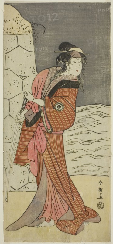The Actor Iwai Hanshiro IV as Yaegushi no Oroku (?) in the Play Keisei Kogane no Hakarime (?), Performed at the Kawarazaki Theater (?) in the Third Month, 1792 (?), c. 1792.