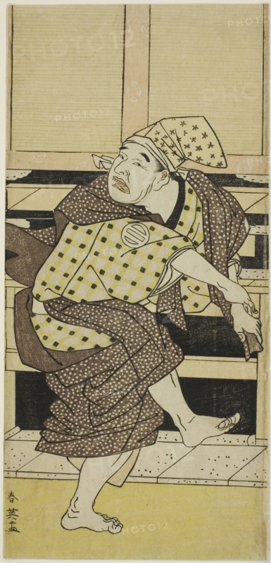The Actor Asao Tamejuro I as Drunken Gotobei Doing a Sambaso Dance (Goto Sambaso), in Act Three of the Play Yoshitsune Koshigoe Jo (Yoshitsune's Koshigoe Petition), Performed at the Ichimura Theater from the Ninth Day of the Ninth Month, 1790, c. 1790.