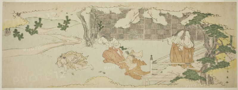 Court Ladies on a Balcony Watching a Woman and a Girl Chasing a Man in the Yard under Blossoming Cherry Trees, late 1790s.