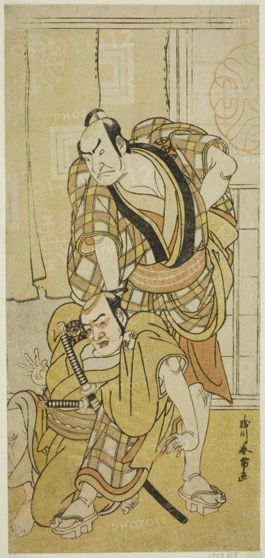 The Actors Nakamura Nakazo I as Tenjiku Tokubei (?) (right) and Bando Kumajuro as the Shopman Dempachi (?) (left), in the Play Keisei Katabira ga Tsuji (?), Performed at the Ichimura Theater (?) in the Eighth Month, 1783 (?), c. 1783.