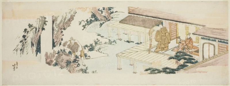 Servant throwing bundles of branches into waterfall, Japan, c. 1810.