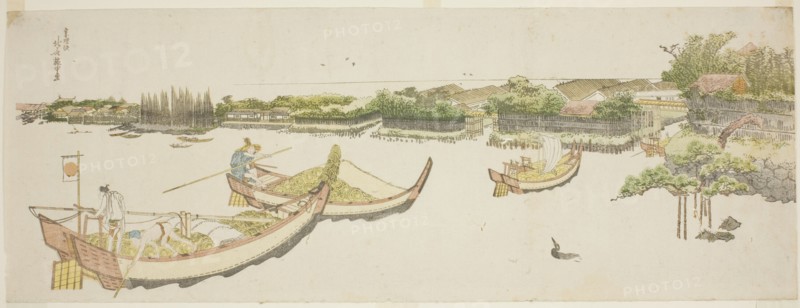 Boats transporting rice on the Sumida River, Japan, c. 1800/05.