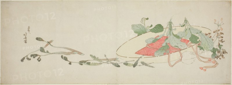 Flowers and spring greens in a hat, Japan, c. 1801.