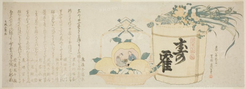 Keg of sake and basket of oranges, Japan, 1820.