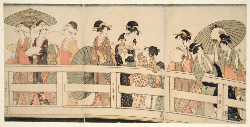 On top and beneath Ryogoku Bridge (Ryogokubashi no ue, shita), Japan, c. 1795/96.