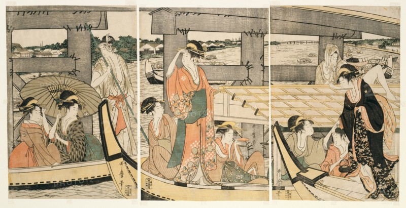 On top and beneath Ryogoku Bridge (Ryogokubashi no ue, shita), Japan, c. 1795/96.