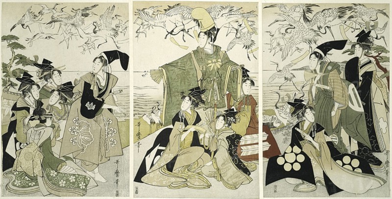 Parody of Minamoto no Yoritomo releasing cranes at Yuigahama, Japan, c. 1805.