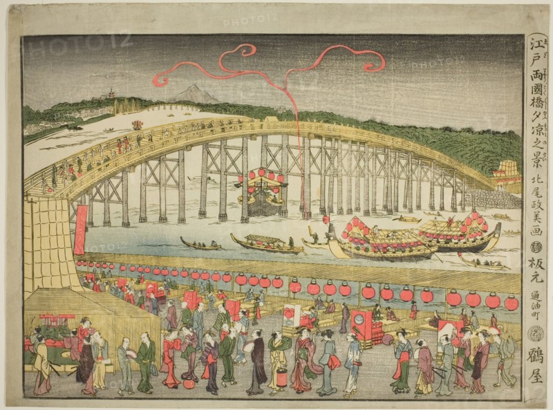 Enjoying the Evening Cool at Ryôgoku Bridge in Edo (Edo Ryogokubashi yusuzumi no kei), Japan, late 18th-early 19th century. People promenading on the bank of the Sumida River in what is now Tokyo. Note archery booth at bottom left.
