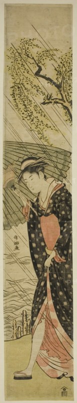 Young Woman Walking on a River Bank in Rain, Japan, late 18th/early 19th century.