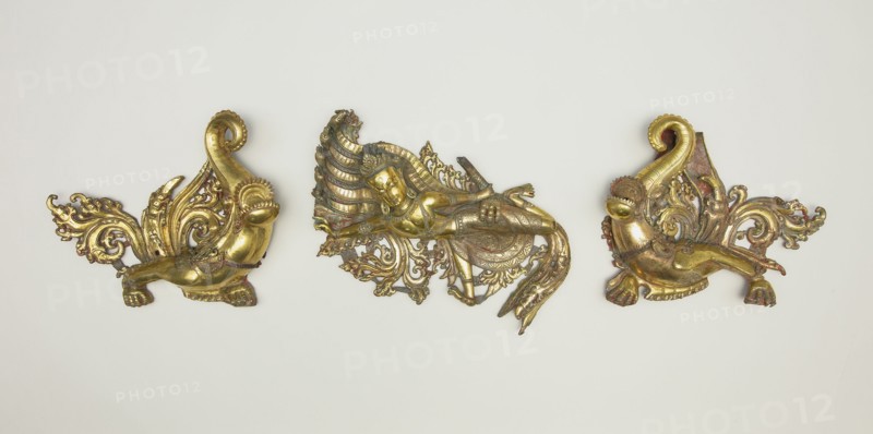 Set of Three Shrine Ornaments with Two Crocodiles (Makara) and a Serpent King (Nagaraja), 16th/17th century.