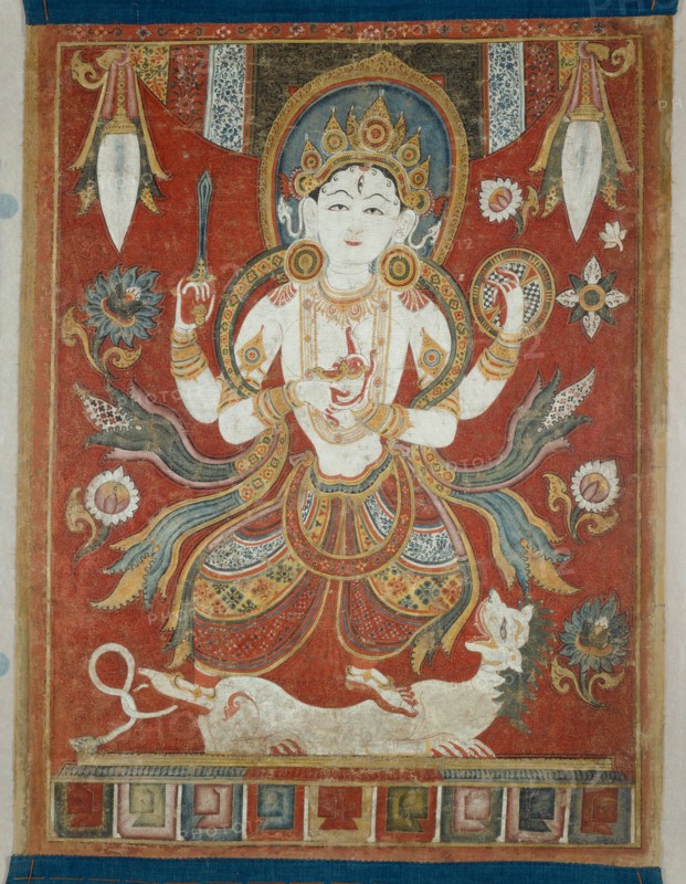 Double-Sided Painted Banner (Paubha) with God Shiva and Goddess Durga, 16th/17th century. The goddess Durga, dancing on a white snow lion,