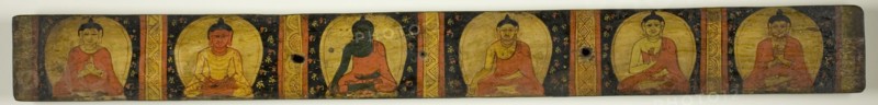 Manuscript Cover with Six Seated Buddhas with Various Hand Gestures (Mudras), 12th century.