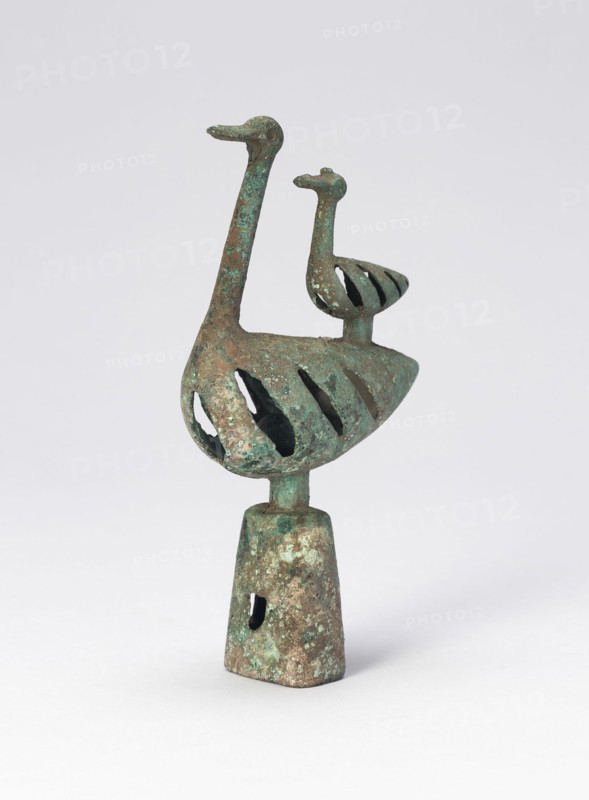 Pole Top with Double Bird-Shaped Bell (one of pair), 6th/4th century B.C. Made by herding tribes in modern Northern China or Inner Mongolia.
