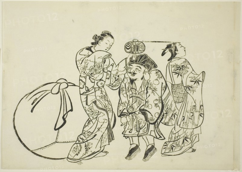 Measuring Daikoku's height, no. 5 from a series of 12 prints, c. 1708.