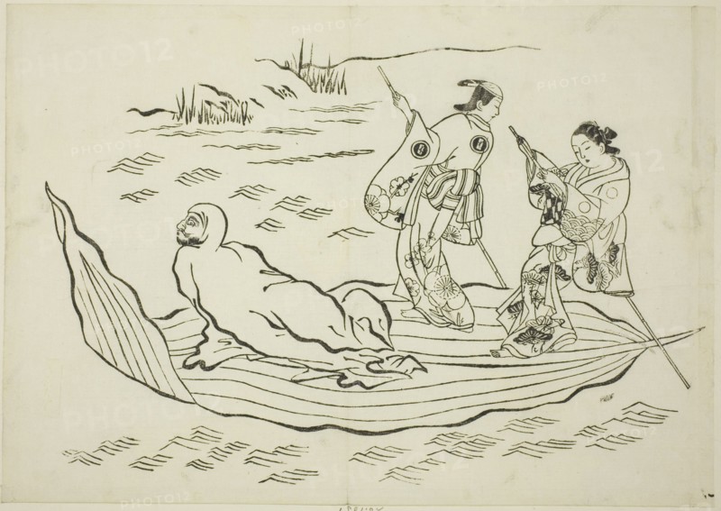Daruma crossing the sea on a leaf, no. 7 from a series of 12 prints, c. 1708.