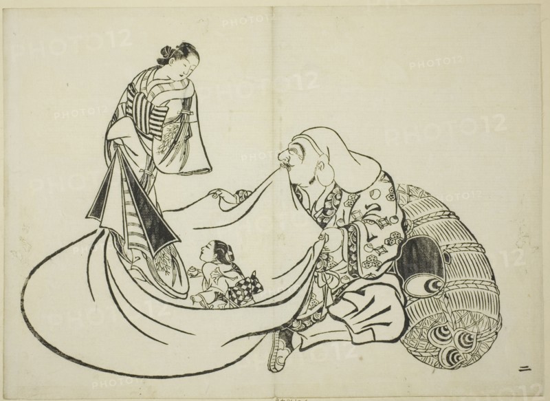 Daikoku revealing the contents of Hotei's bag, no. 2 from the series of 12 prints, c. 1708.