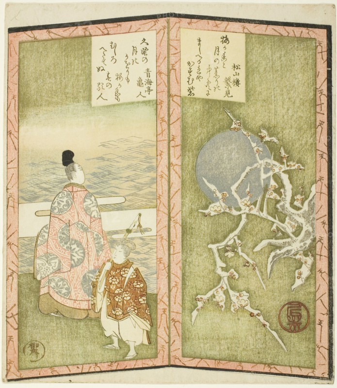 Plum blossoms and poet, from an untitled hexaptych depicting a pair of folding screens, c. 1825.