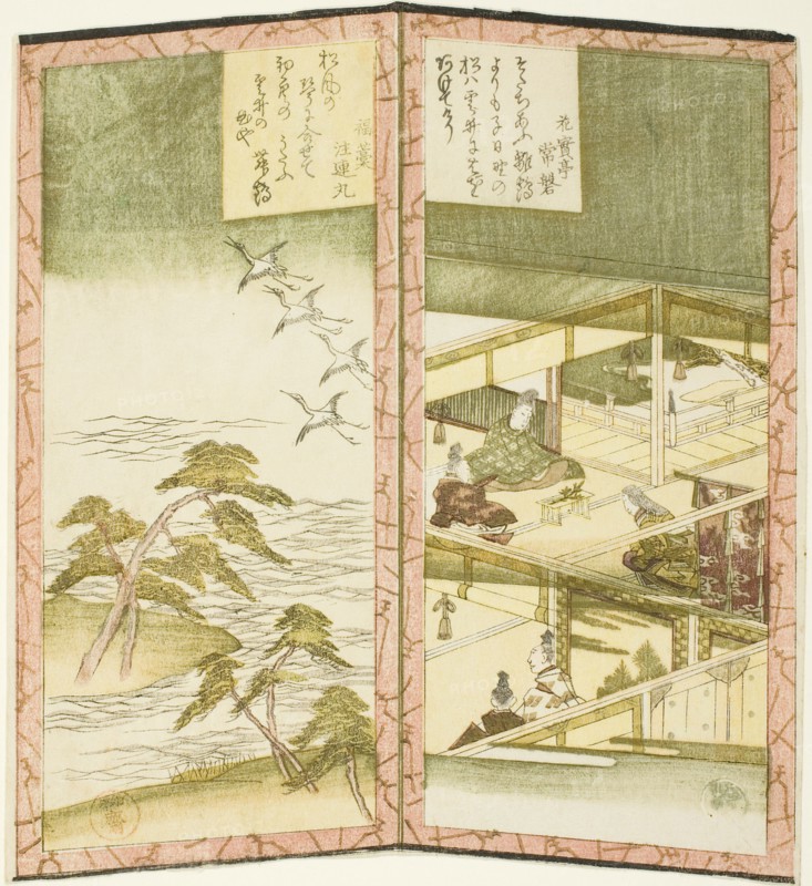 Palace interior and beach, from an untitled hexaptych depicting a pair of folding screens, c. 1825.