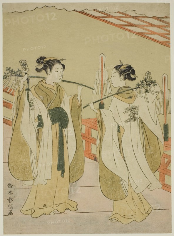 Shrine Maidens Onami and Ohatsu Dancing at Yushima Tenjin Shrine, c. 1769.
