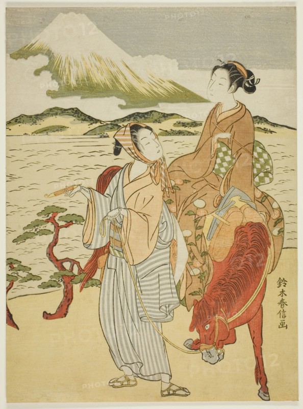 Pausing to admire Mt. Fuji (parody of Ariwara no Narihira's journey to the east), c. 1768/69.