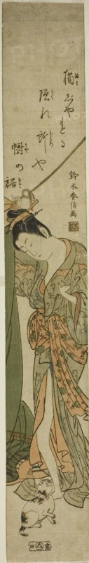 Beauty Looking Down at a Cat while Fixing a Mosquito Net, c. 1760/63.