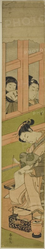 Courtesan Writing a Letter as Two Men Watch through a Window Lattice, c. 1769/70.