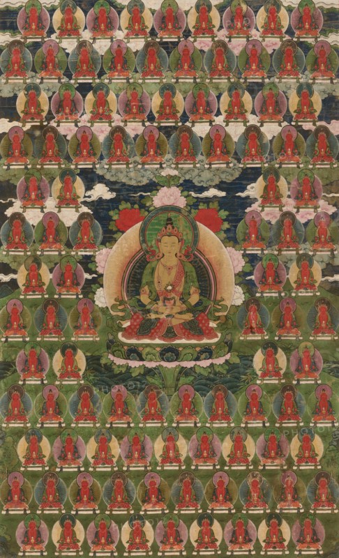 Painted Banner (Thangka) of Amitayus Buddha Surrounded by One Hundred Buddhas, 19th century.