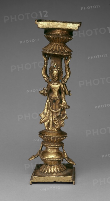 Pillar Support of an Addorsed Female Bodhisattva and an Offering Goddess, 15th century.