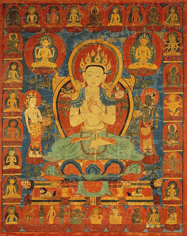 Painted Banner (Thangka) of Bodhisattva Maitreya Surrounded by his Retinue, 16th century.