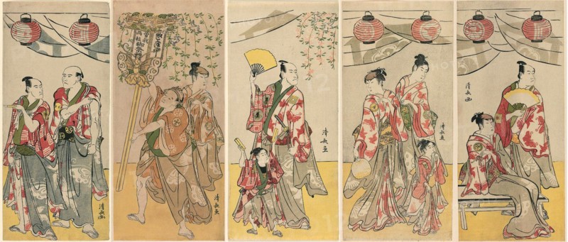 Eleven Actors Celebrating the Festival of the Shrine of the Soga Brothers, 1788. pentaptych: Arashi Ryuzo II and Ichikawa Komazo III; Azuma Tozo III and Otani Tokuji; Ichikawa Danjuro V and Ichikawa Ebizo IV; Yamashita Mangiku, Iwai Hanshiro IV, and Iwai Kumesaburo; Ichikawa Monnosuke II and Segawa Kikunojo III.
