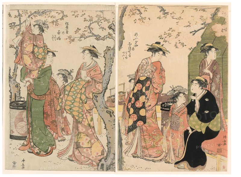 Courtesans and Their Child Attendants under Blossoming Cherry Trees, 1785.