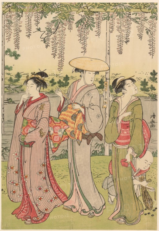 Admiring the wisteria at Kameido Shrine, c. 1786.