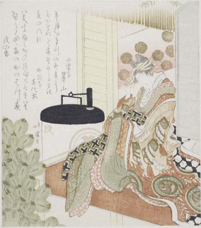 Courtesan sitting on a veranda next to a lantern, 1814.