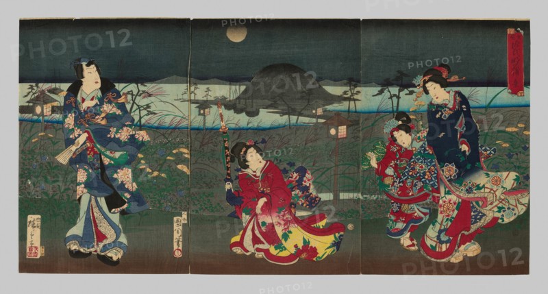 Genji Drawn in Different Styles: View of Akashi Bay (Kakiwake Genji, Akashi ura no kei), 1869.