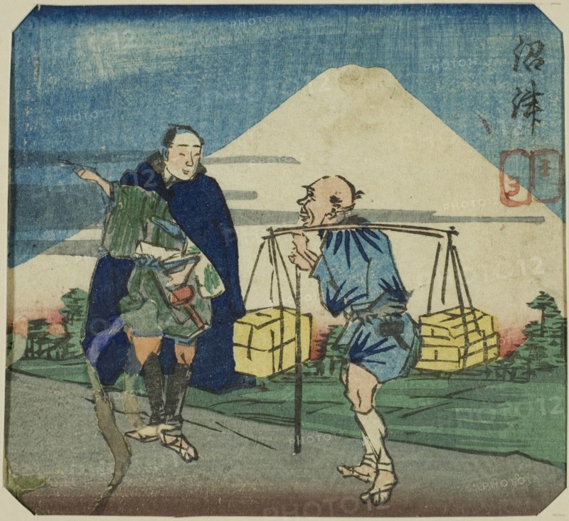 Numazu, section of a sheet from the series "A Harimaze Mirror of Joruri Plays (Harimaze joruri kagami)", 1854.